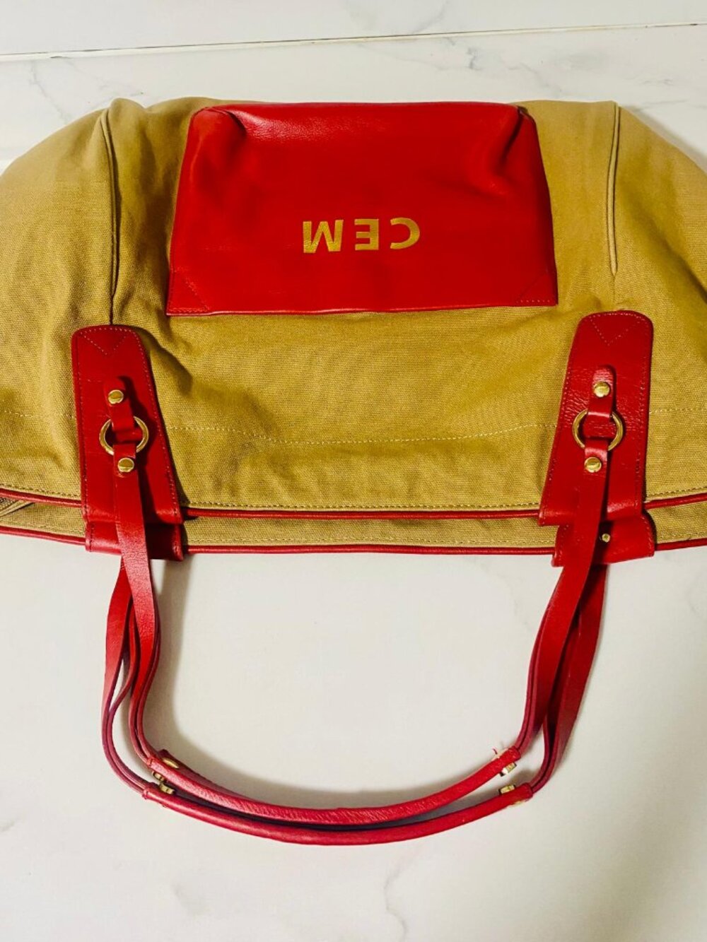 Boulevard Tan Canvas Tote with Red Leather Trim - Custom Monogrammed "CEM"